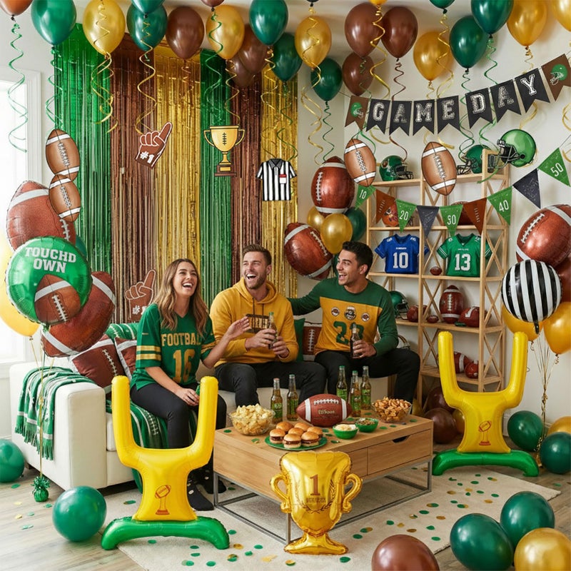 yeewaka Football Balloons dark green brown Balloons with Banner Hanging Swirl Fringe Curtain Goal Post Football Balloons for Sports Birthday Boys first year touch down party decorations - Image 2