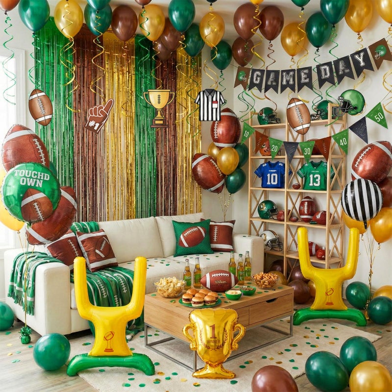 yeewaka Football Balloons dark green brown Balloons with Banner Hanging Swirl Fringe Curtain Goal Post Football Balloons for Sports Birthday Boys first year touch down party decorations - Image 1