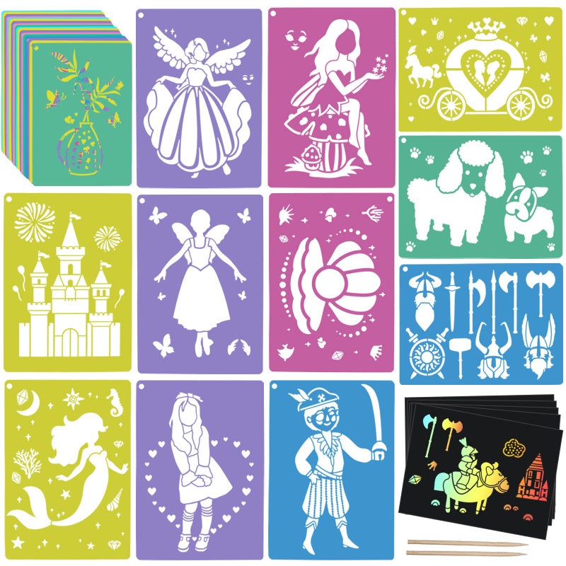 30 Pieces Stencils for Kids with 5 Pcs Scratch Paper 7 x 985 Inch Large Sidewalk Chalk Stencils Princesses Fairies Themed Primary Shape Template for Drawing on Sidewalk Floor Wall Home Decor