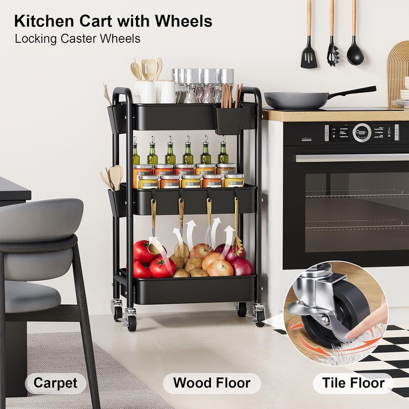 Aofure 3 Tier Rolling Cart Metal with Wheels, Black Three Tiered Art Cart Organizer on Wheels, Storage Utility Trolley Carts for Kithcen, Craft, Nail, Lash, Makeup, Salon,Bedside, Bathroom, Office, Snack - Image 4
