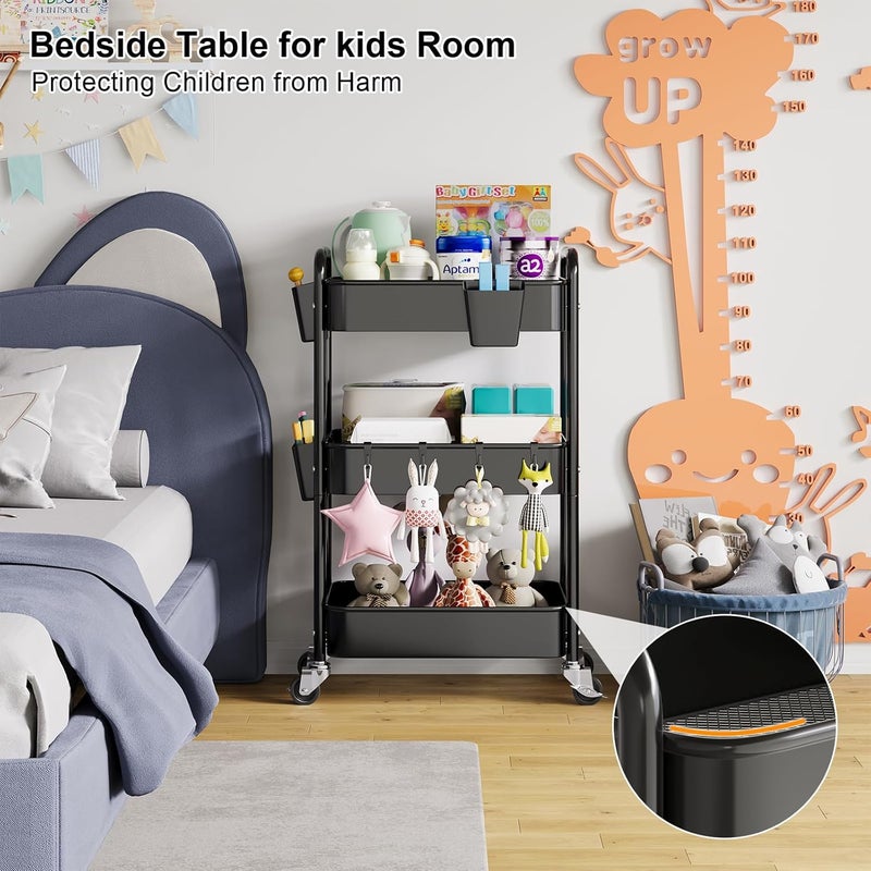 Aofure 3 Tier Rolling Cart Metal with Wheels, Black Three Tiered Art Cart Organizer on Wheels, Storage Utility Trolley Carts for Kithcen, Craft, Nail, Lash, Makeup, Salon,Bedside, Bathroom, Office, Snack - Image 2