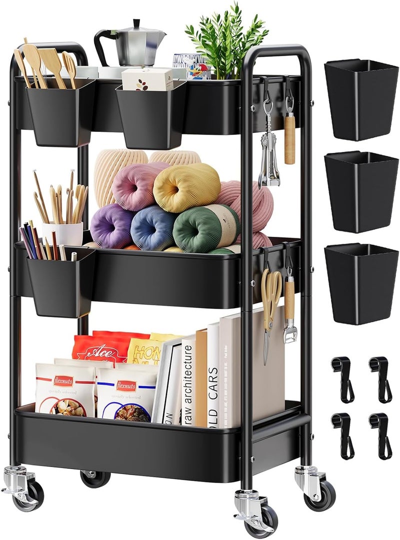 Aofure 3 Tier Rolling Cart Metal with Wheels, Black Three Tiered Art Cart Organizer on Wheels, Storage Utility Trolley Carts for Kithcen, Craft, Nail, Lash, Makeup, Salon,Bedside, Bathroom, Office, Snack - Image 1