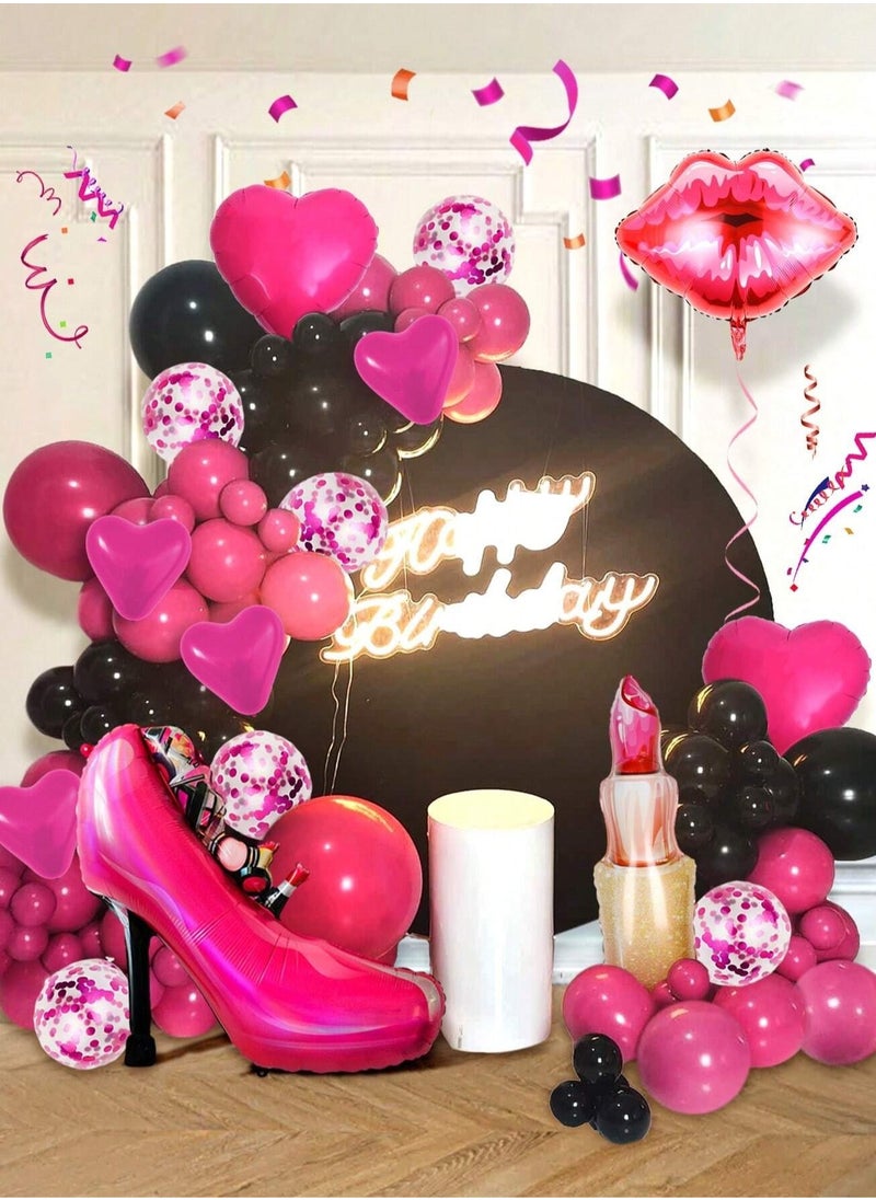 party decoration set with latex balloons in pink and black, featuring four different sizes, confetti balloons, and various feminine designs including lipstick, high heels, and lips. An 89-piece balloon set perfect for birthdays, bachelorette parties, girls’ gatherings, and photo shoots.  - Image 1