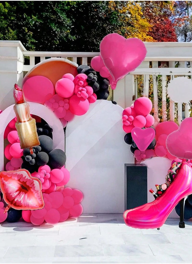 party decoration set with latex balloons in pink and black, featuring four different sizes, confetti balloons, and various feminine designs including lipstick, high heels, and lips. An 89-piece balloon set perfect for birthdays, bachelorette parties, girls’ gatherings, and photo shoots.  - Image 2