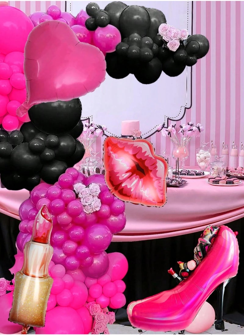 party decoration set with latex balloons in pink and black, featuring four different sizes, confetti balloons, and various feminine designs including lipstick, high heels, and lips. An 89-piece balloon set perfect for birthdays, bachelorette parties, girls’ gatherings, and photo shoots.  - Image 3