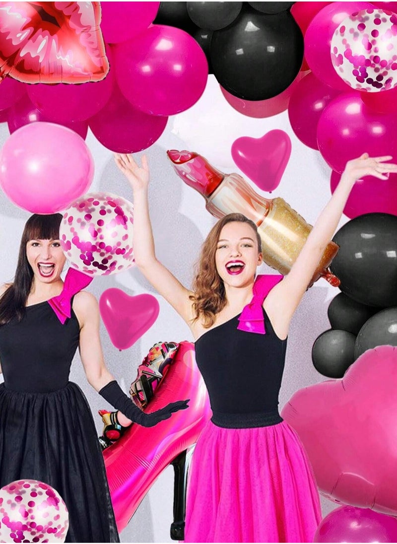 party decoration set with latex balloons in pink and black, featuring four different sizes, confetti balloons, and various feminine designs including lipstick, high heels, and lips. An 89-piece balloon set perfect for birthdays, bachelorette parties, girls’ gatherings, and photo shoots.  - Image 4