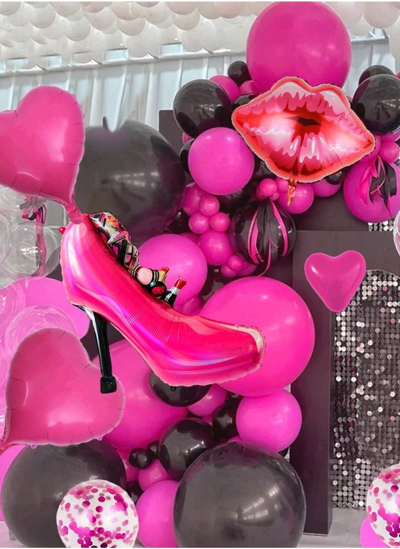 party decoration set with latex balloons in pink and black, featuring four different sizes, confetti balloons, and various feminine designs including lipstick, high heels, and lips. An 89-piece balloon set perfect for birthdays, bachelorette parties, girls’ gatherings, and photo shoots.  - Image 5