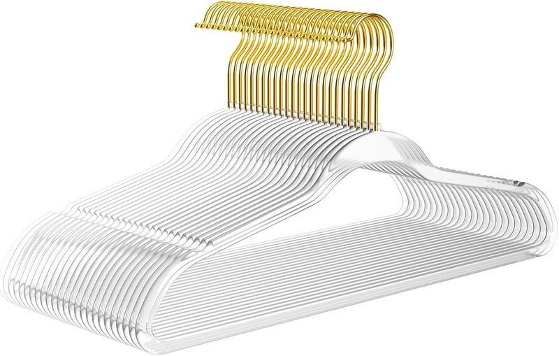 MIZGI Hangers 10 Pack Non-Velvet Plastic Hangers for Clothes, Heavy Duty Slim Coat Hanger -Space-Saving Hangers with Chrome Hook, Non-Flocked Hangers for Dresses Coats Shirts (Clear/Gold Glitter) - Image 1