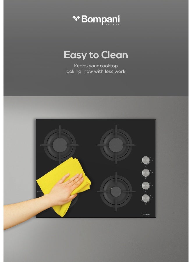 بومباني موقد مدمج 60 سم، 4 شعلات غاز من النوع الأوروبي، شعلات Sabaf، زجاج أسود مقسّى - ضمان الشركة المصنعة لمدة عام واحد - - Image 5