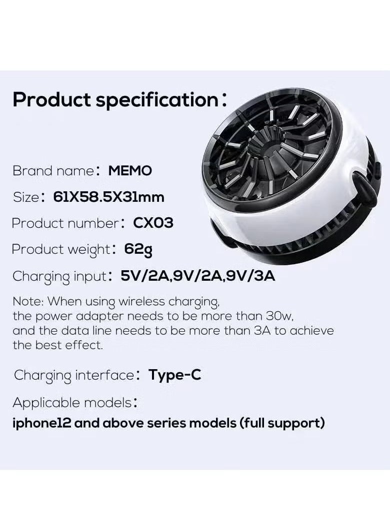 Memo Cell Phone Semiconductor Magnetic Cooling Fan Radiator with Wireless Charging Function – PUBG Game Cooler for IOS & Android – Efficient Heat Dissipation for Gaming & Enhanced Performance - Image 3