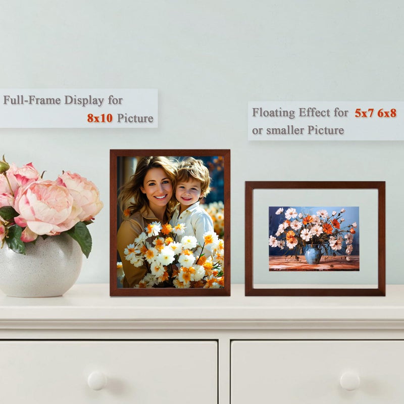 DLQuarts 8x10 Floating Photo Picture Frame, Floating Display 6x8, 5x7,or Full Display 8x10 Photos, Solid Wood, Double Glass, 2 Pack, Retro Walnut - Image 3