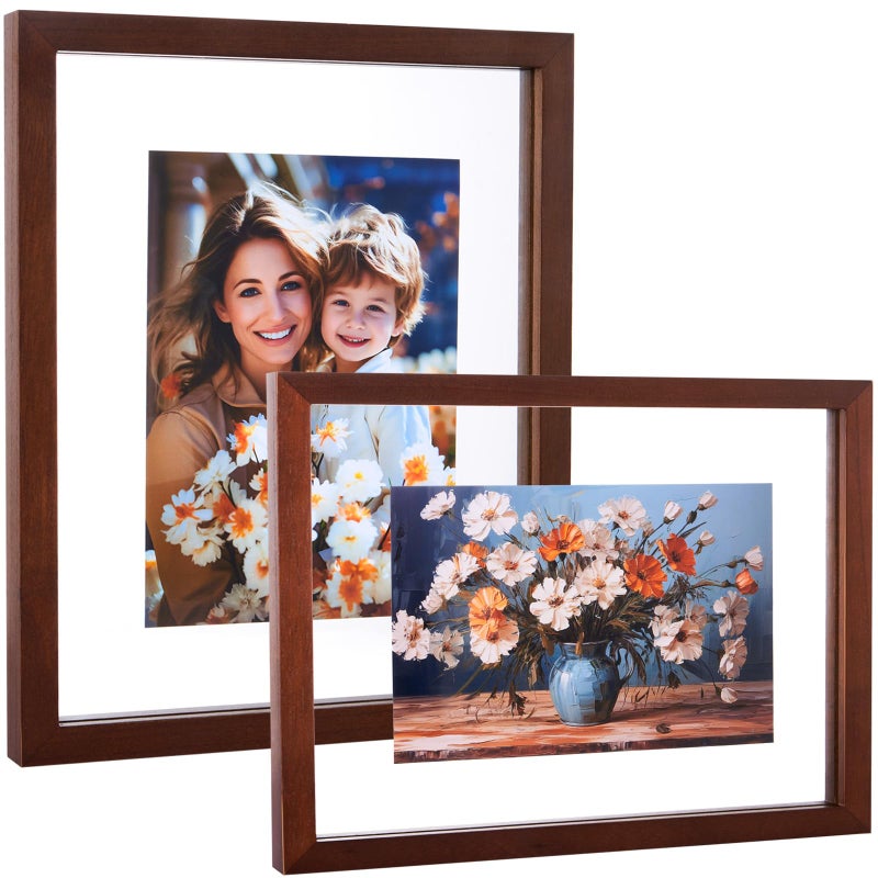 DLQuarts 8x10 Floating Photo Picture Frame, Floating Display 6x8, 5x7,or Full Display 8x10 Photos, Solid Wood, Double Glass, 2 Pack, Retro Walnut - Image 1