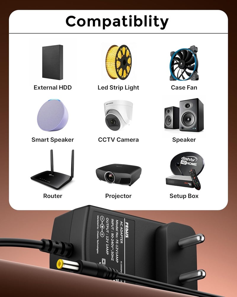 FEDUS محول طاقة تيار مستمر 12 فولت 1 أمبير، 12 فولت 1A SMPS لكاميرات CCTV، أجهزة التوجيه، DVR، NVR، شاشات LCD، تلفزيونات، أضواء شريط LED، صندوق إعداد، النطاق العريض، إدخال AC 100-240V، إخراج DC 12 فولت 1 أمبير - Image 3