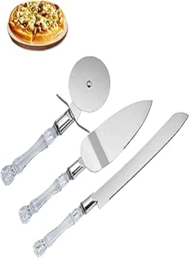 Spaceshoop Al-Israa Elegant Trio Set for Serving Cakes and Desserts: Sharp Stainless Steel Blades with Clear Acrylic Handles, High Quality Serving Set