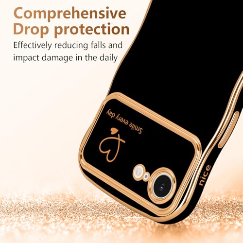 LCHULLE for iPhone 16e Case for iPhone 17e Case for Women Girls, Cute Wave Frame Curly Shape with Love Heart Raised Camera Protection Luxury Plating Shockproof Phone Cover for iPhone 16e/17e, Black - Image 3