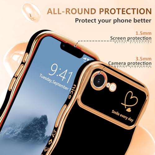 LCHULLE for iPhone 16e Case for iPhone 17e Case for Women Girls, Cute Wave Frame Curly Shape with Love Heart Raised Camera Protection Luxury Plating Shockproof Phone Cover for iPhone 16e/17e, Black - Image 4