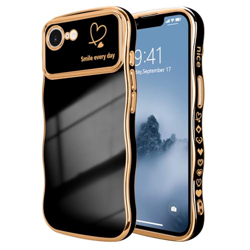 LCHULLE for iPhone 16e Case for iPhone 17e Case for Women Girls, Cute Wave Frame Curly Shape with Love Heart Raised Camera Protection Luxury Plating Shockproof Phone Cover for iPhone 16e/17e, Black - Image 1