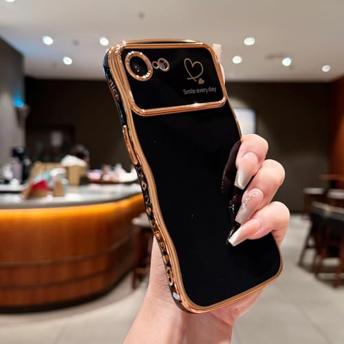 LCHULLE for iPhone 16e Case for iPhone 17e Case for Women Girls, Cute Wave Frame Curly Shape with Love Heart Raised Camera Protection Luxury Plating Shockproof Phone Cover for iPhone 16e/17e, Black - Image 2
