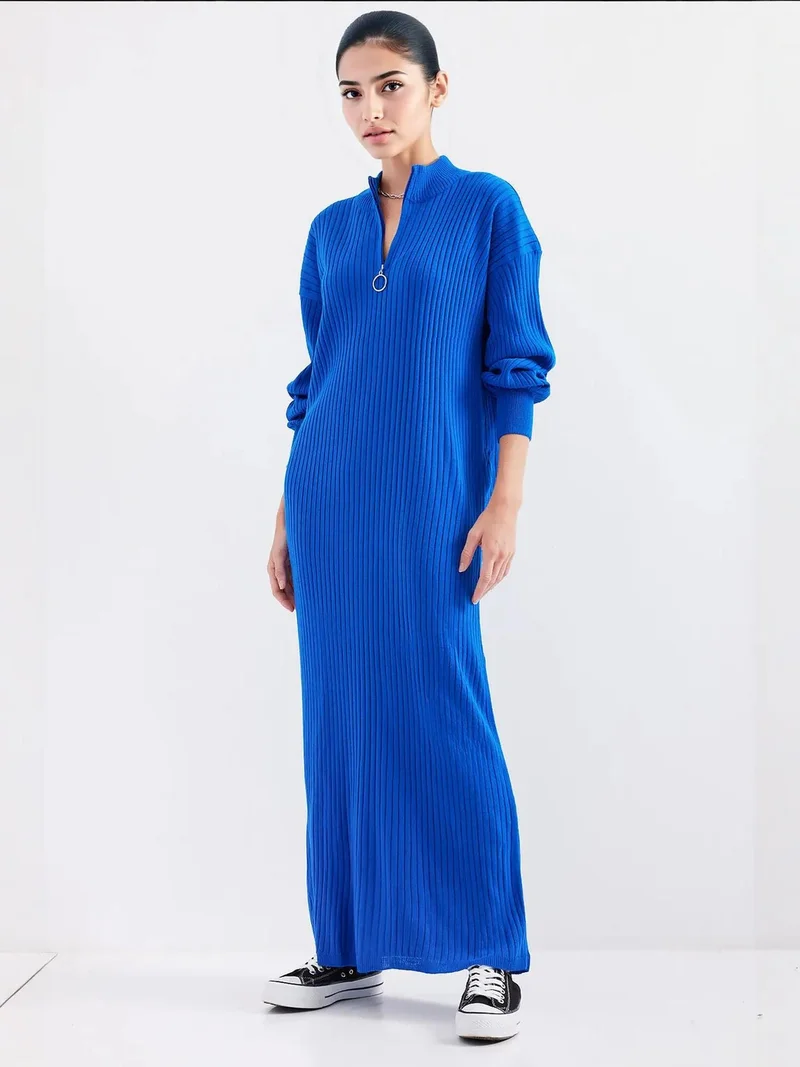 Big Dart Cobalt Blue BDART Textured Knit Dress with Half Turtleneck and Zipper for Women | Best Price UAE