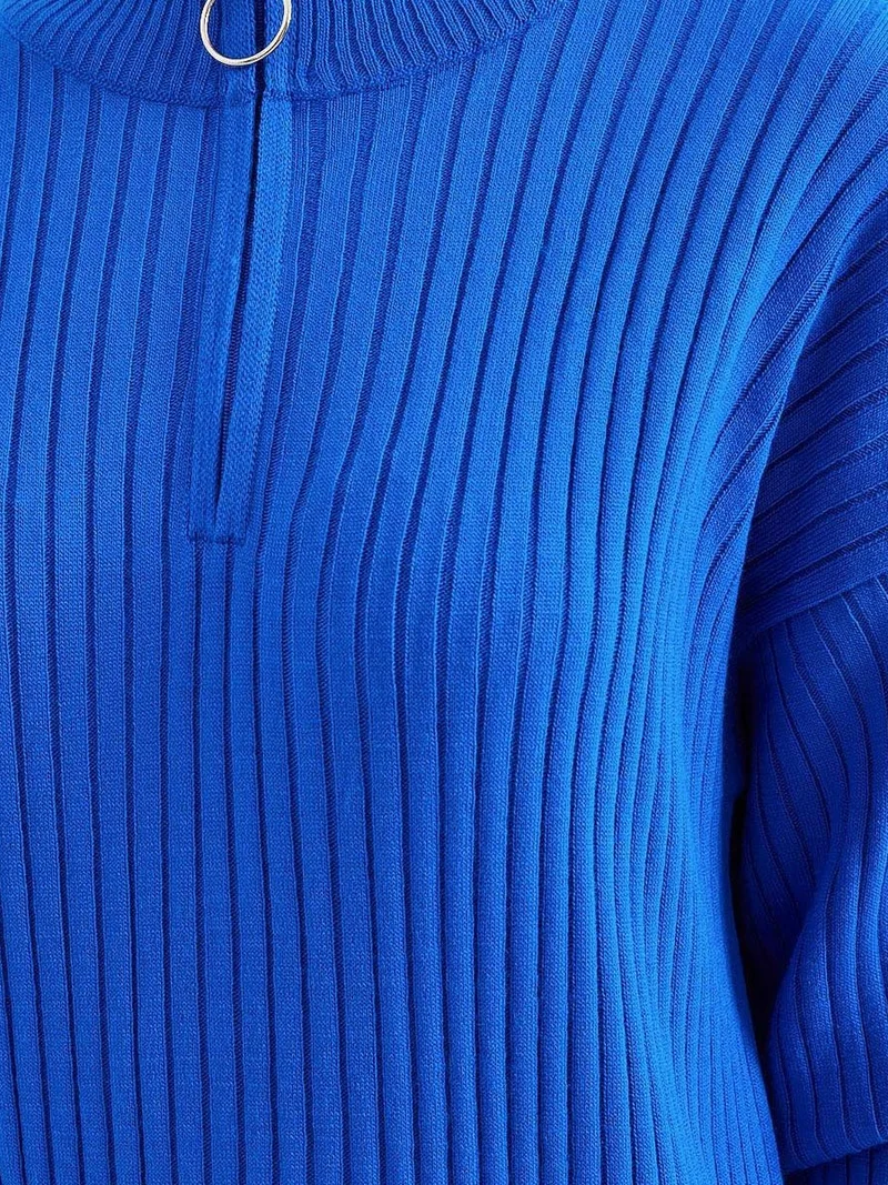 Big Dart Cobalt Blue BDART Textured Knit Dress with Half Turtleneck and Zipper for Women | Best Price UAE
