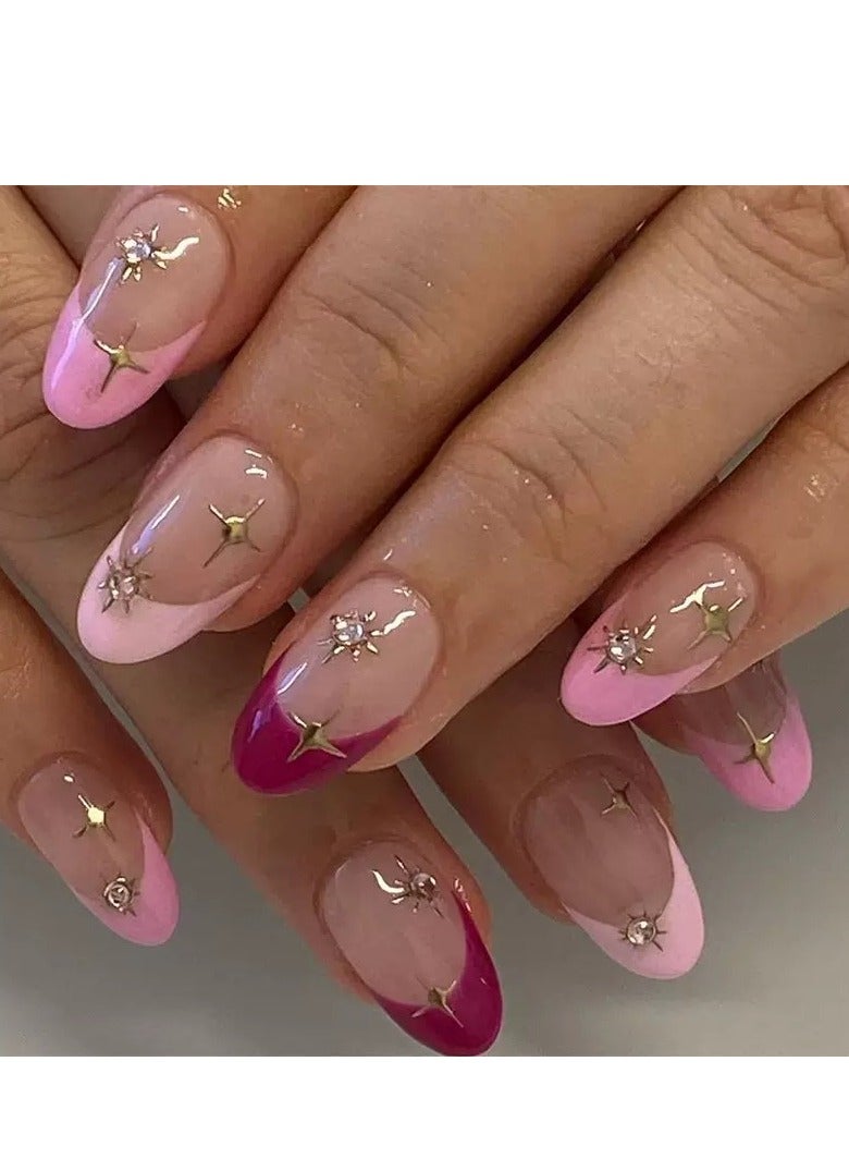 JOSQUEWNN Press On Nails,24pcs,Elegant French-Style: Pink and Fuchsia Gradient Rhinestone Starburst Nails,Acrylic Nails With Glue Kit. - Image 1