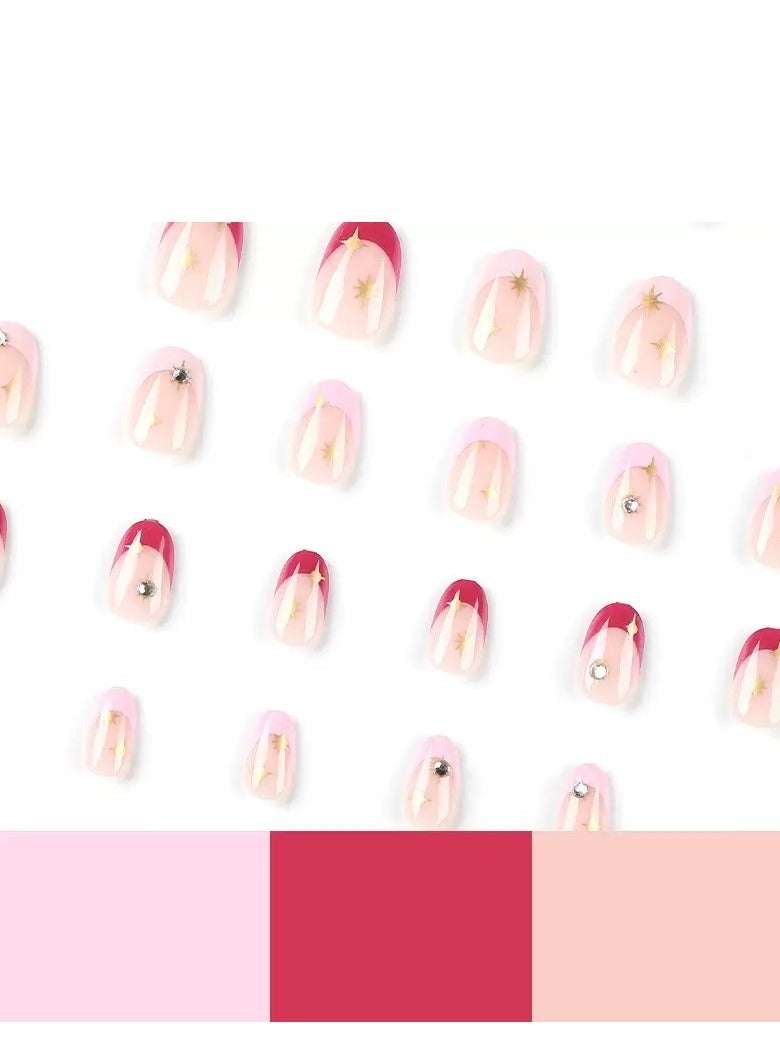 JOSQUEWNN Press On Nails,24pcs,Elegant French-Style: Pink and Fuchsia Gradient Rhinestone Starburst Nails,Acrylic Nails With Glue Kit. - Image 2