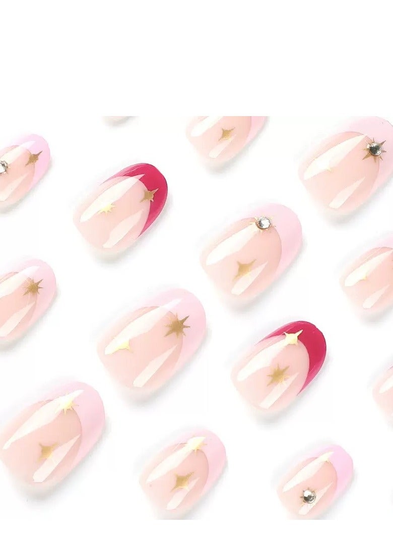 JOSQUEWNN Press On Nails,24pcs,Elegant French-Style: Pink and Fuchsia Gradient Rhinestone Starburst Nails,Acrylic Nails With Glue Kit. - Image 3