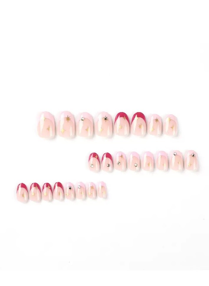 JOSQUEWNN Press On Nails,24pcs,Elegant French-Style: Pink and Fuchsia Gradient Rhinestone Starburst Nails,Acrylic Nails With Glue Kit. - Image 5