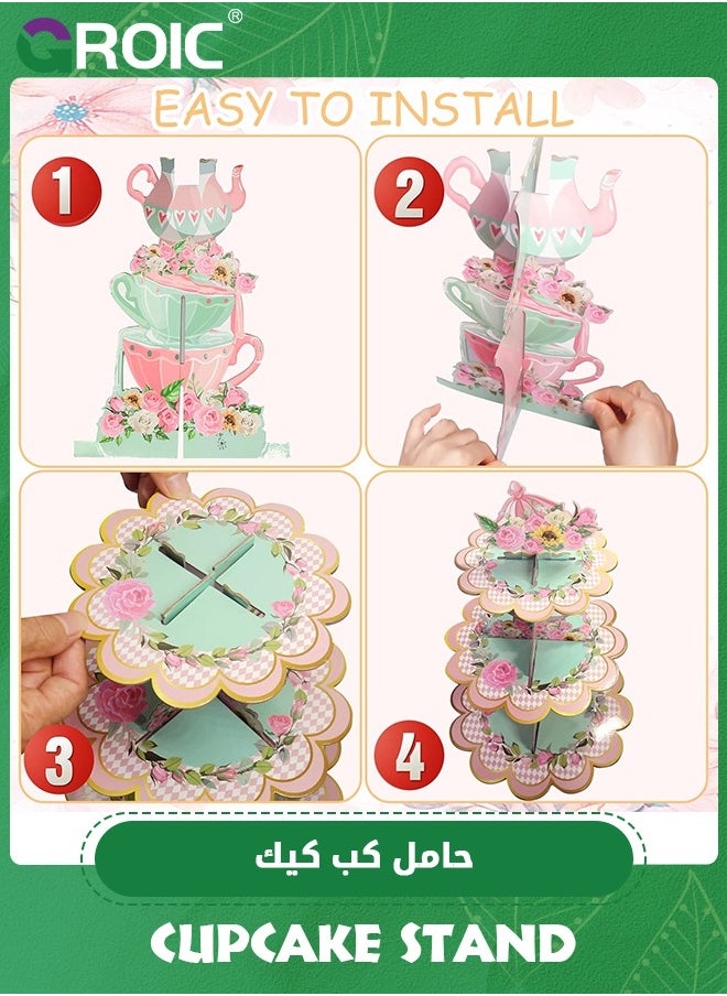 GROIC 3 طبقات من زخارف حامل الكب كيك لحفلات الشاي الزهرية، حامل كب كيك يتحدث برج الحلوى للحفلات، ديكورات حفلات الشاي وحفلات استقبال المولود الجديد، مستلزمات الحفلات  - Image 3