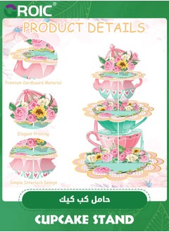 GROIC 3 Tier Floral Tea Party Cupcake Stand Decorations, Cupcake Holder Talking Party Dessert Tower, Tea Party Baby Shower Decorations, Party Supplies  - Image 2