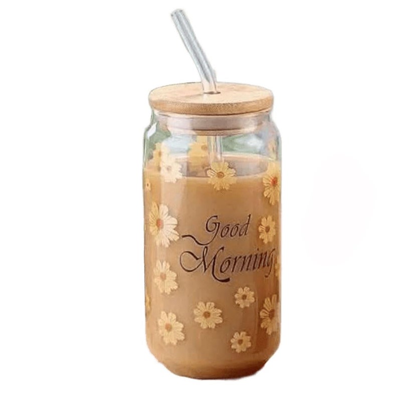 Glass Mason Jar with Wooden Lid, Daisy Pattern, Good Morning Design, Insulated Drinking Cup with Straw