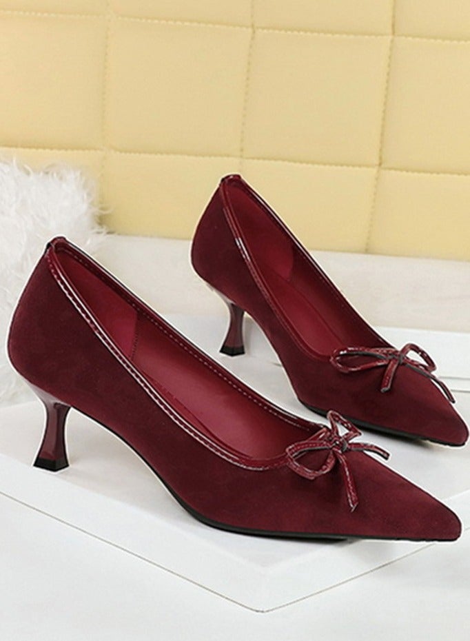 BIGTREE Women's Suede Stiletto Pumps Pointed Closed Toe Mid Heels With Bowknot Decoration Wine Red 6CM - Image 2
