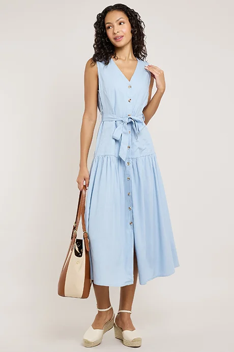 أر أند بي Solid Sleeveless Midi Dress with V-Neck