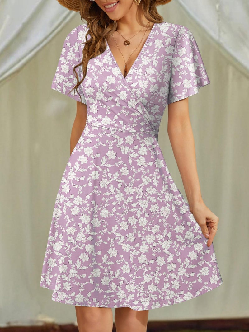 FENSACE Spring Outfits for Women 2026 Summer Skater Pastel Knee Length Spring Wedding Guest Dress(Purple White Floral-104,Medium) - Image 4