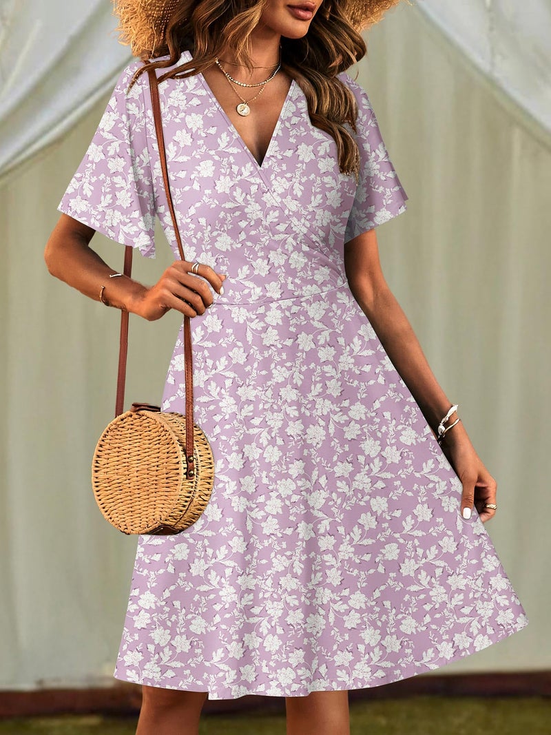 FENSACE Spring Outfits for Women 2026 Summer Skater Pastel Knee Length Spring Wedding Guest Dress(Purple White Floral-104,Medium) - Image 3