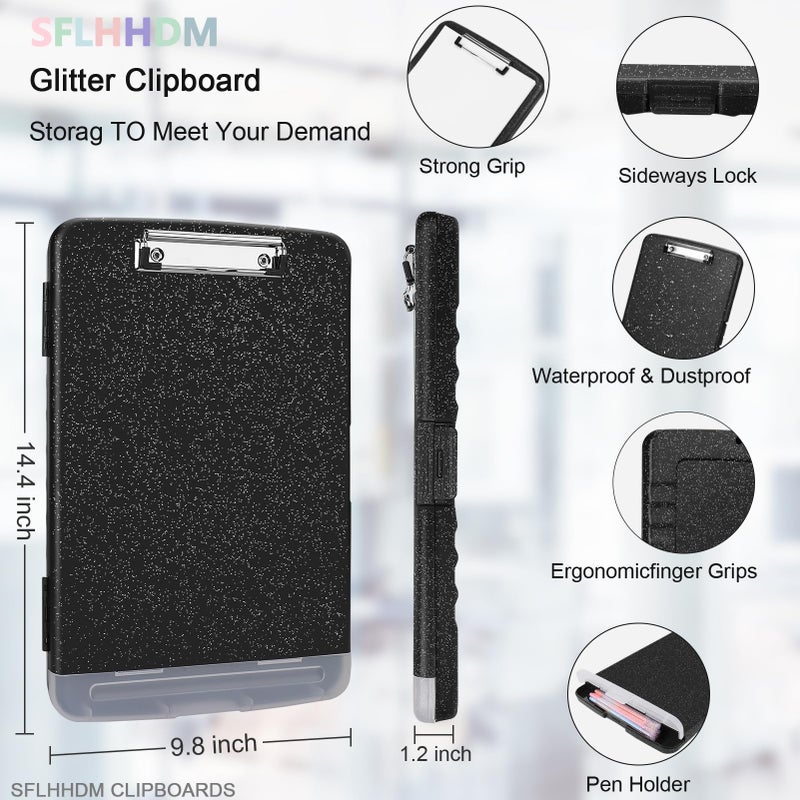 SFLHHDM Glitter Clipboard with Storage,Storage Clipboard with Pen Holder,A4 Binder Clip Boards 8.5x11 with Low Profile Clip,Side Opening Sparkle Clipboards, Clipboards Folder for Office Supplies-Starry Black - Image 2