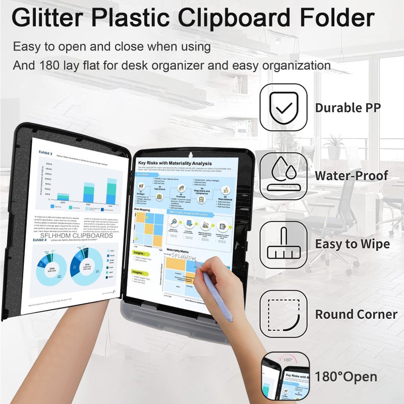 SFLHHDM Glitter Clipboard with Storage,Storage Clipboard with Pen Holder,A4 Binder Clip Boards 8.5x11 with Low Profile Clip,Side Opening Sparkle Clipboards, Clipboards Folder for Office Supplies-Starry Black - Image 5