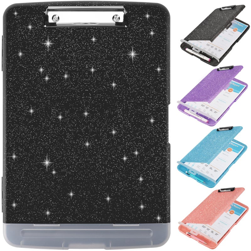 SFLHHDM Glitter Clipboard with Storage,Storage Clipboard with Pen Holder,A4 Binder Clip Boards 8.5x11 with Low Profile Clip,Side Opening Sparkle Clipboards, Clipboards Folder for Office Supplies-Starry Black - Image 1