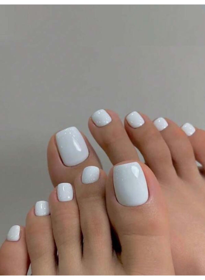 Suerte Press On Nails white classic Medium Square Shaped False Toe Nails Jelly Glossy 24pcs, stylish white, Fake acrylic nails with glue kit - Image 1
