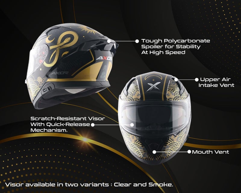 Axor Apex Infinity Full Face Helmet DualSpoiler RaceReady Aerodynamic Design HighImpact ABS Shell UltraVent Airflow System Black Gold-XL - Image 3