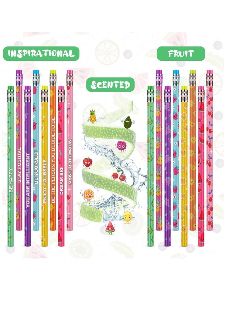 Generic 32Pcs Scented Pencils for Kids Inspirational HB Pencils with Erasers Cylinder Colorful Fun Wood Pencils Motivational Graphite Pencils with Fruit Elements for School Office Classroom Students  - Image 3