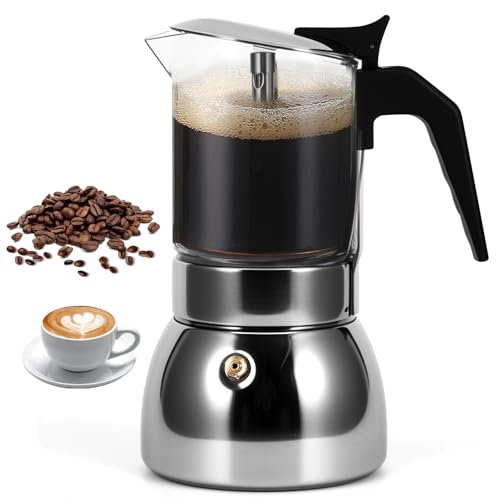 Houkiper Stovetop Espresso Maker, 4Cup 200ML Stainless Steel Stovetop Italian Coffee Maker Transparent Glass Moka Pot, Coffee Maker Mocha Pot for Home Cafe Outdoor Office - Image 1