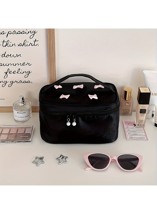 1pcs Cute Pink Bow Cosmetic Bag, Stylish And Portable Vertical Makeup Brush Bag,Large Capacity Toiletry Compartment Storage box,Suitable For Travel And Business Trips - Image 1
