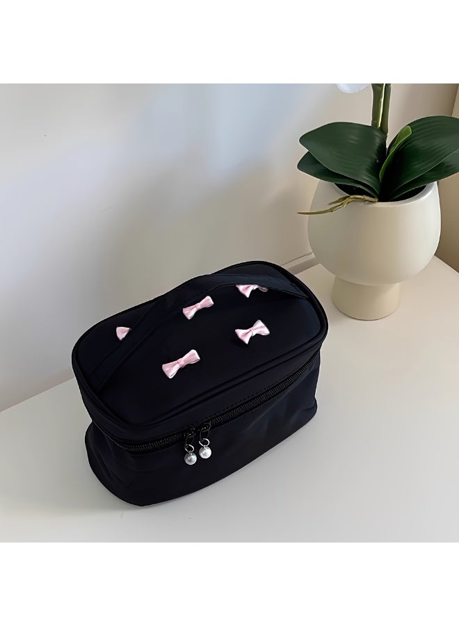 1pcs Cute Pink Bow Cosmetic Bag, Stylish And Portable Vertical Makeup Brush Bag,Large Capacity Toiletry Compartment Storage box,Suitable For Travel And Business Trips - Image 4