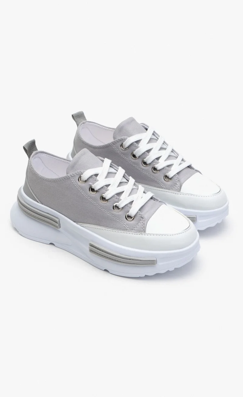 Nişantaşı Shoes Kayla Silver Linen Thick Sole Women's Lace-Up Sports Shoes