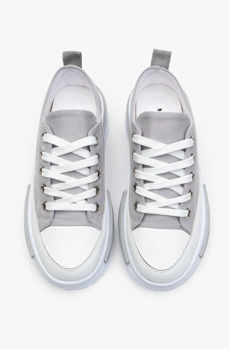 Nişantaşı Shoes Kayla Silver Linen Thick Sole Women's Lace-Up Sports Shoes