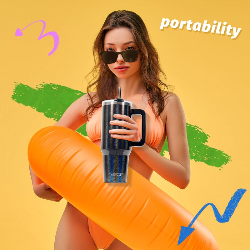 WATERSY 40 oz Shiny Tumbler with Handle and Straw,Stainless Steel Tumbler with Lid and Straw,Insulated Travel Mug(Cold for 34 Hours),Water Bottle for Iced Tea,Coffee (Black) - Image 5