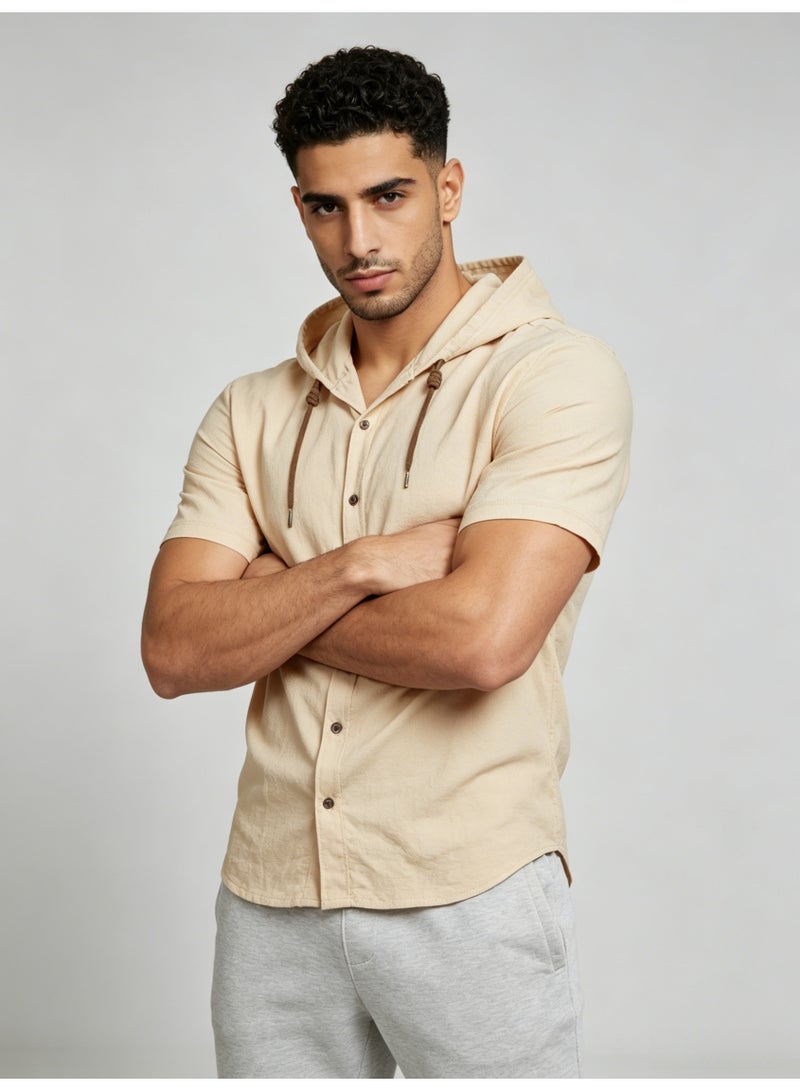 زارا ZARA Men’s Beige Short Sleeve Hooded Button Front Shirt - Image 2