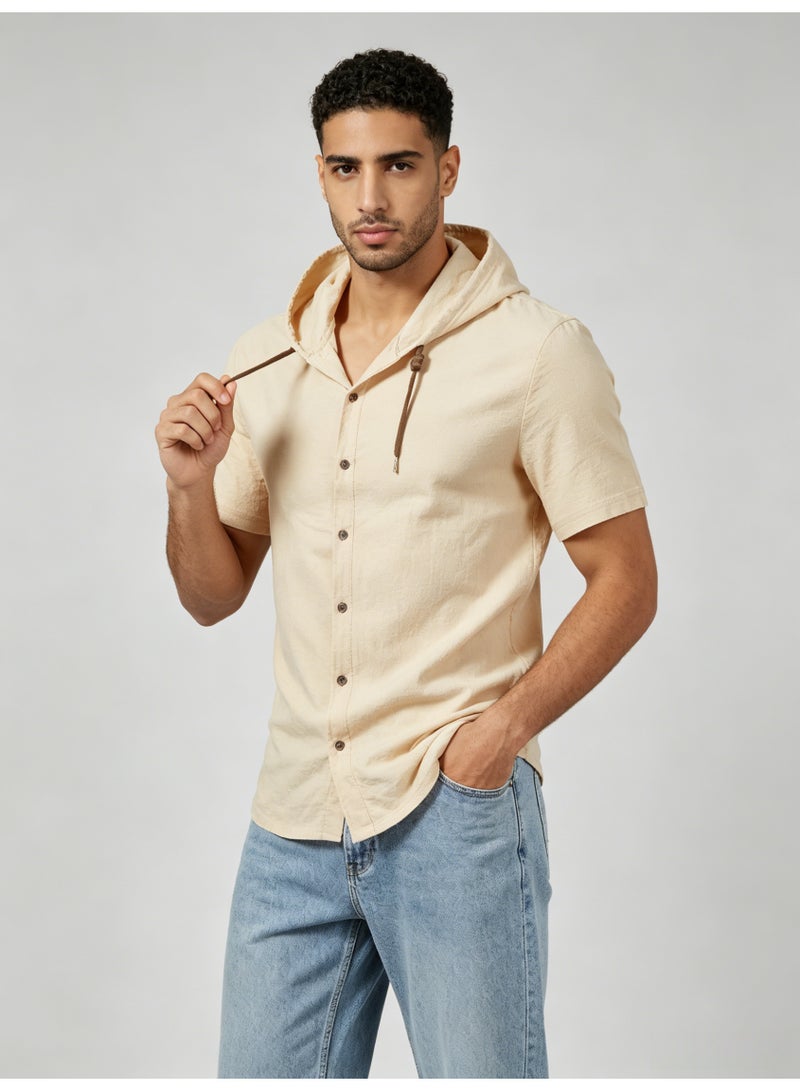 زارا ZARA Men’s Beige Short Sleeve Hooded Button Front Shirt - Image 5