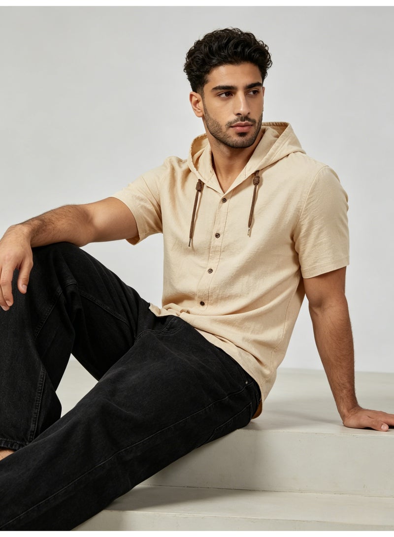 زارا ZARA Men’s Beige Short Sleeve Hooded Button Front Shirt - Image 1